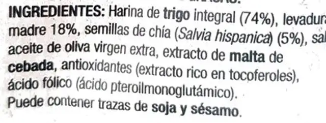 Pan Integral Dextrin Chía ingredients label