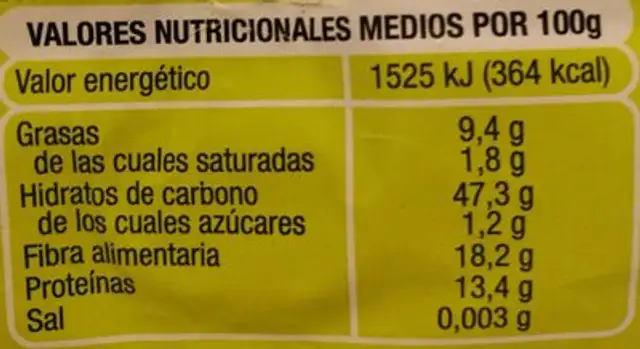 Salvado de avena nutrition facts table