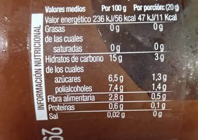 Mermelada de fresa con stevia sin azúcares añadidos nutrition facts table