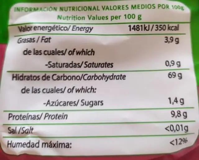 Mijo pelado nutrition facts table