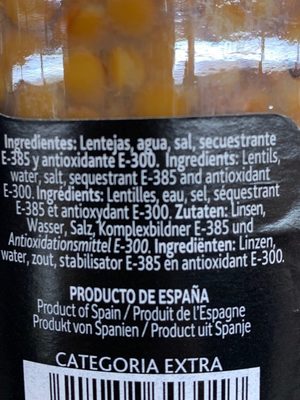 Lentejas cocidas ingredients label