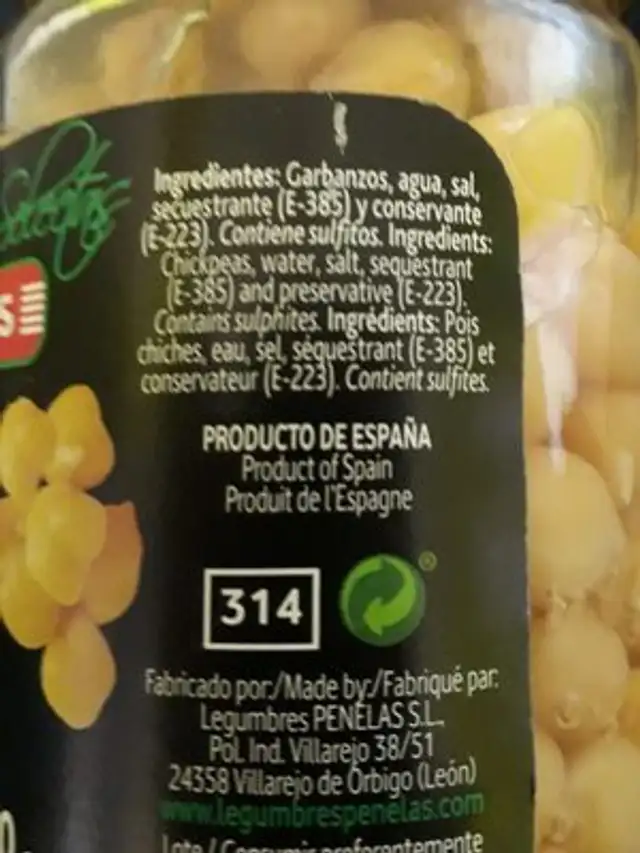 Garbanzos cocidos ingredients label