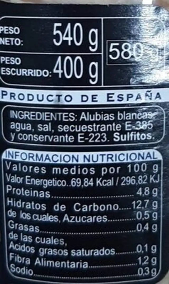 Alubias nutrition facts table