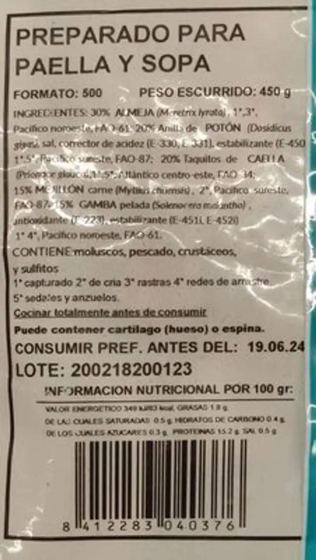 Preparado para paella y sopa nutrition facts table