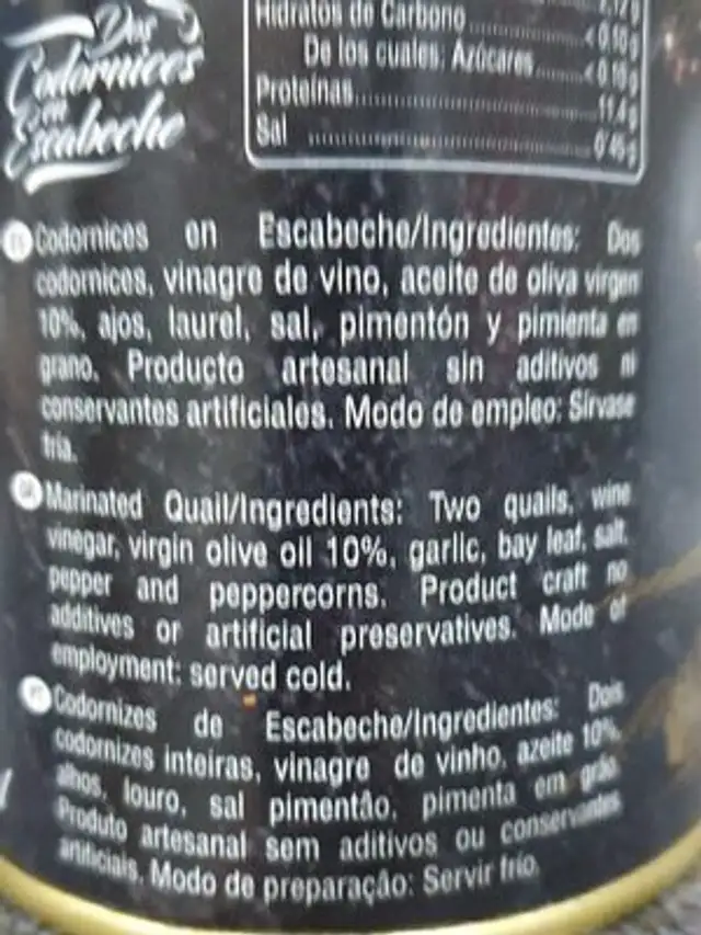 Codornices en escabeche ingredients label