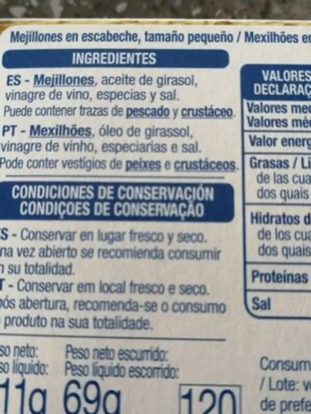 Mejillones en escabeche ingredients label