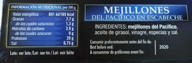 Mejillones en escabeche nutrition facts table