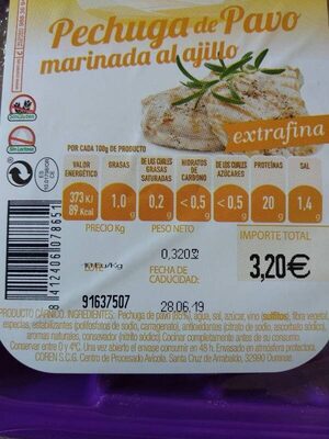 Pechuga de pavo fileteada al ajillo ingredients label