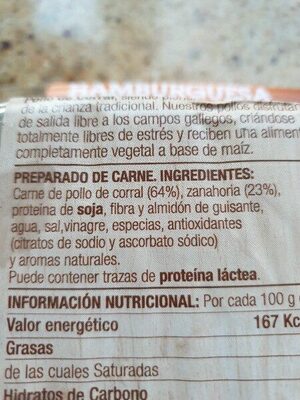 Hamburguesa de pollo campero ingredients label