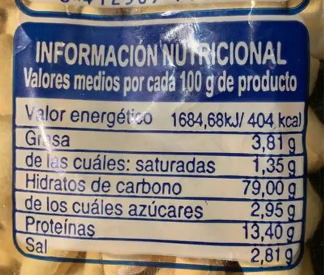 Peñoncitos nutrition facts table