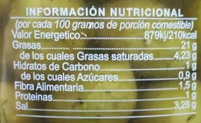 Aceitunas verdes partidas nutrition facts table