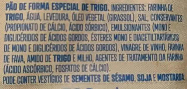 Pão de forma especial de trigo ingredients label