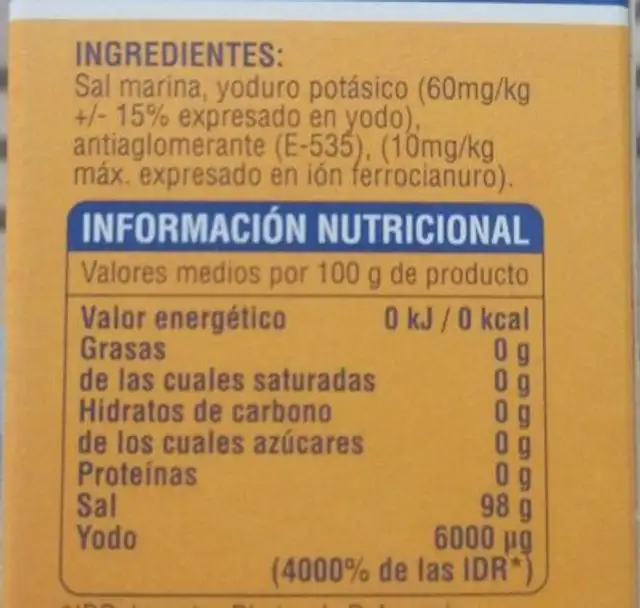 Sal marina fina y yodada nutrition facts table