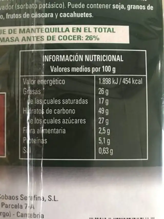 Sobao Pasiego ingredients label