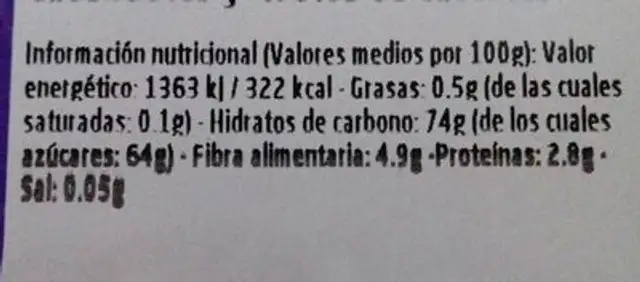 Fruta deshidratada nutrition facts table