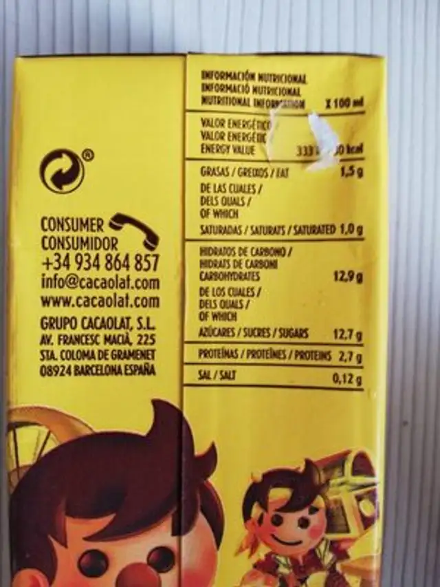 Batido de cacao Cacaolat Original nutrition facts table