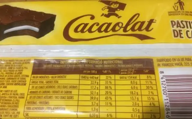 Pastelitos de cacao con leche ingredients label