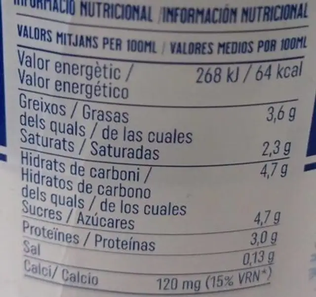 Leche fresca nutrition facts table