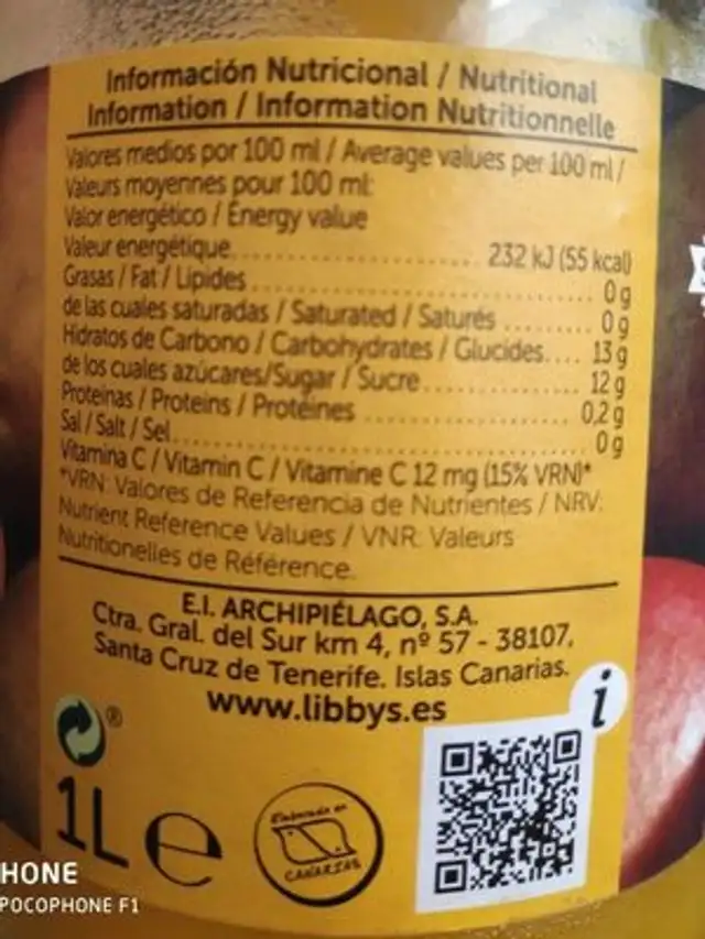 Jugo de Mango libby's nutrition facts table