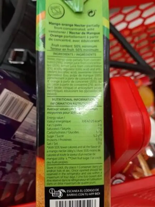 Néctar Light Mango con naranja con Stevia nutrition facts table