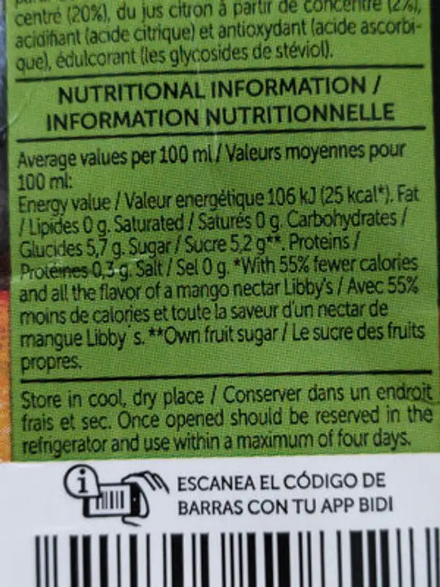 Nectar Light nutrition facts table