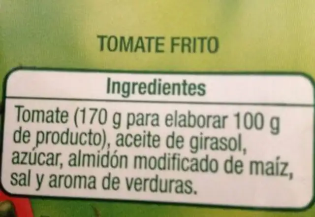 Tomate frito ingredients label