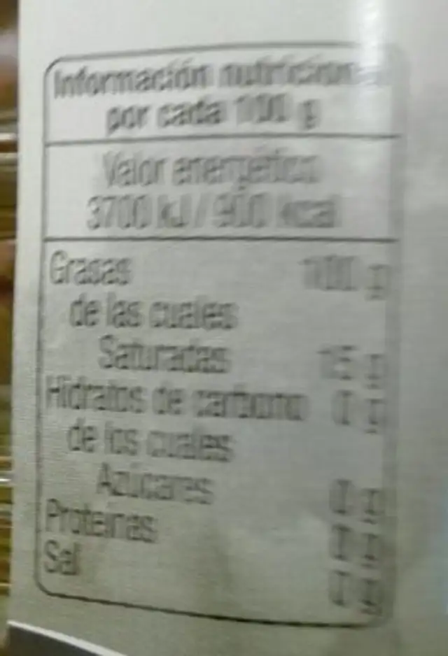 Aceite de oliva virgen extra nutrition facts table