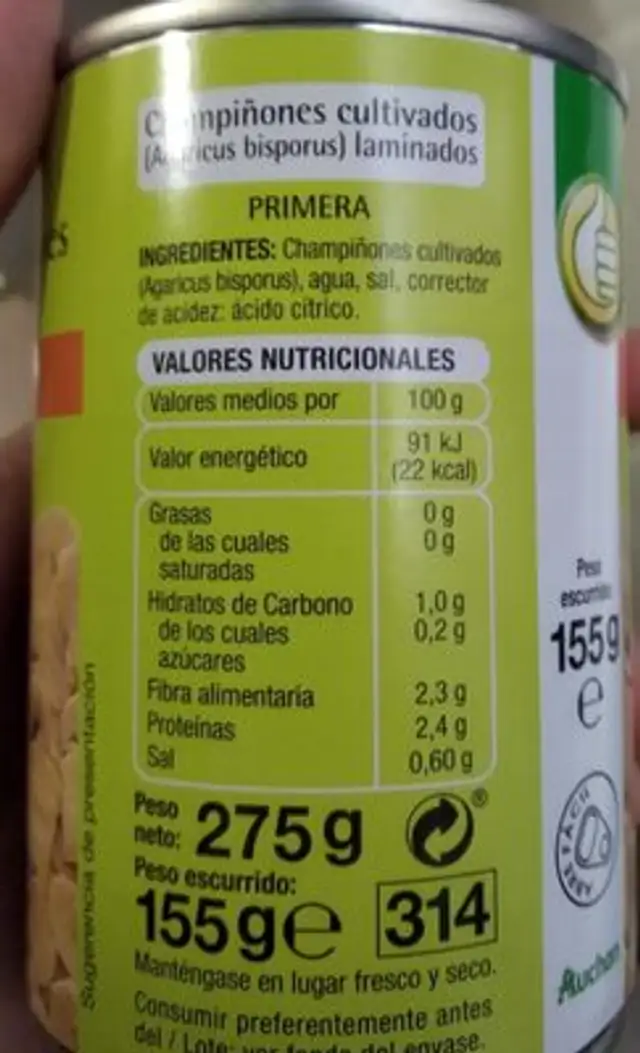 Champiñones nutrition facts table