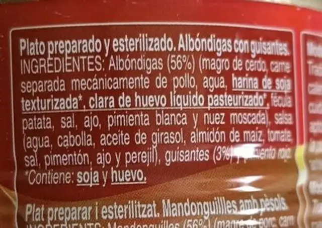 Albondigas con guisantes ingredients label