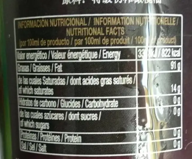 Aceite de oliva virgen extra nutrition facts table