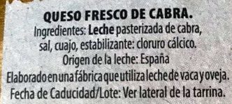 Queso fresco tradicional de la Sierra ingredients label