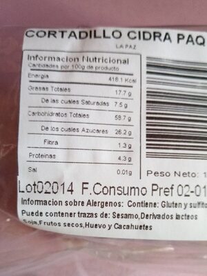 Cortadillo cidra nutrition facts table