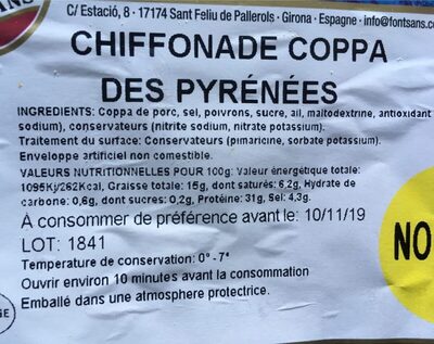 Chiffonade coppa des pyrénées ingredients label