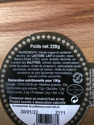 Saucisson paysan cèpes ingredients label