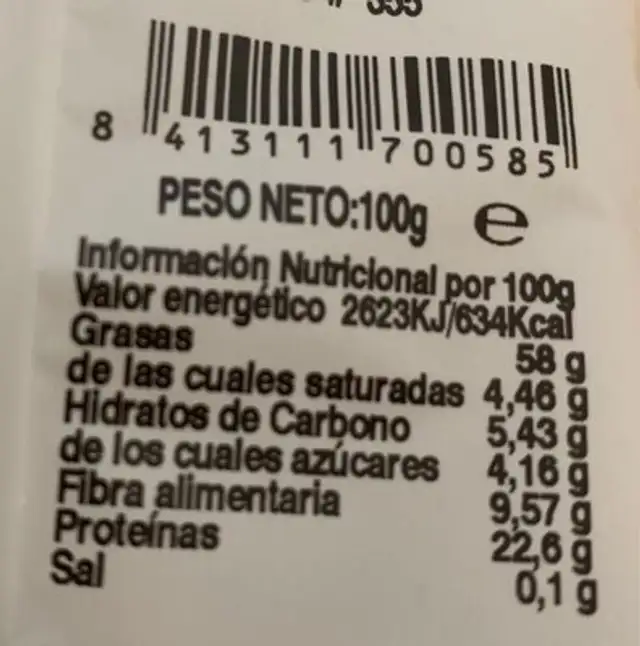 Frutos secos nutrition facts table