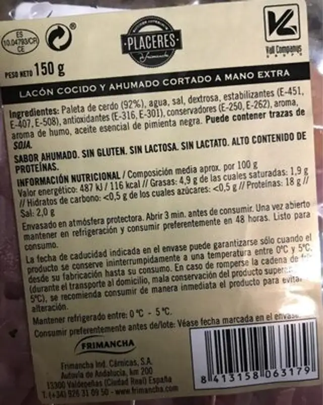 Lacón cocido y ahumado extra nutrition facts table