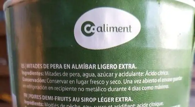 Pera en laminar logero ingredients label