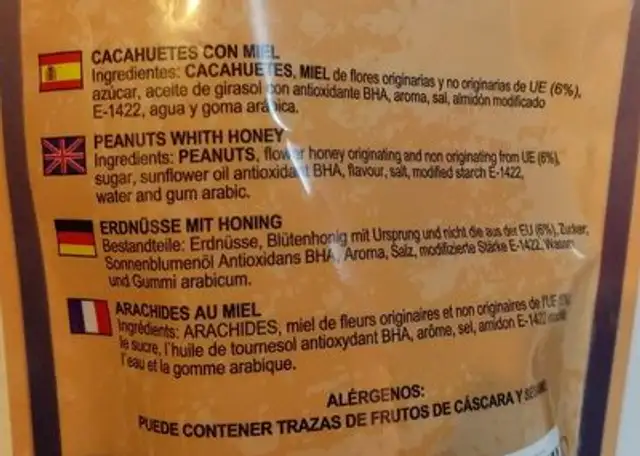 Cacahuetes Miel ingredients label