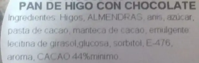 Pan de higo con chocolate ingredients label