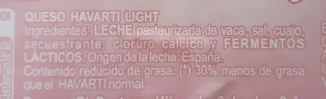Queso havarti light en lonchas nutrition facts table