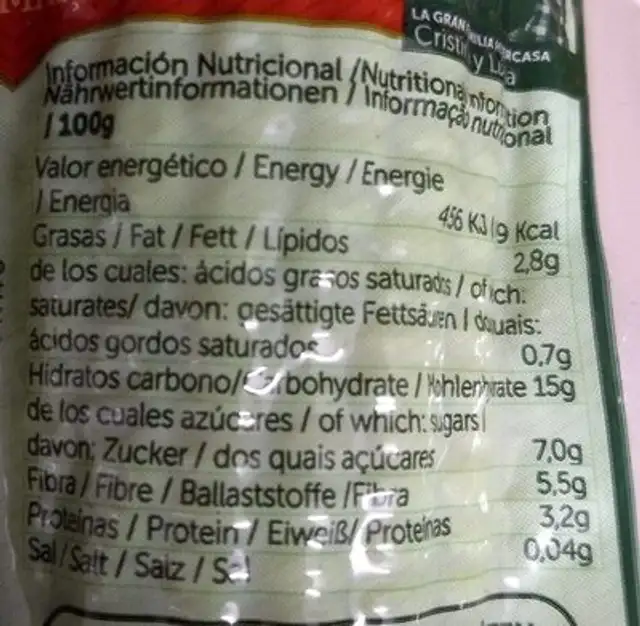 Maíz dulce cocido nutrition facts table