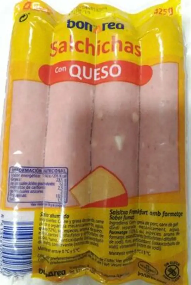 Salchichas con queso front packaging