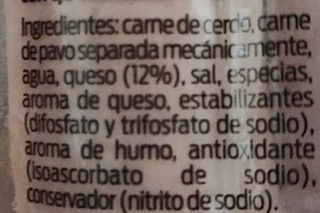 Salchichas con queso ingredients label