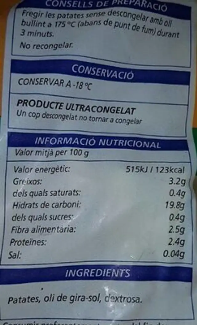 Patatas  prefritas nutrition facts table