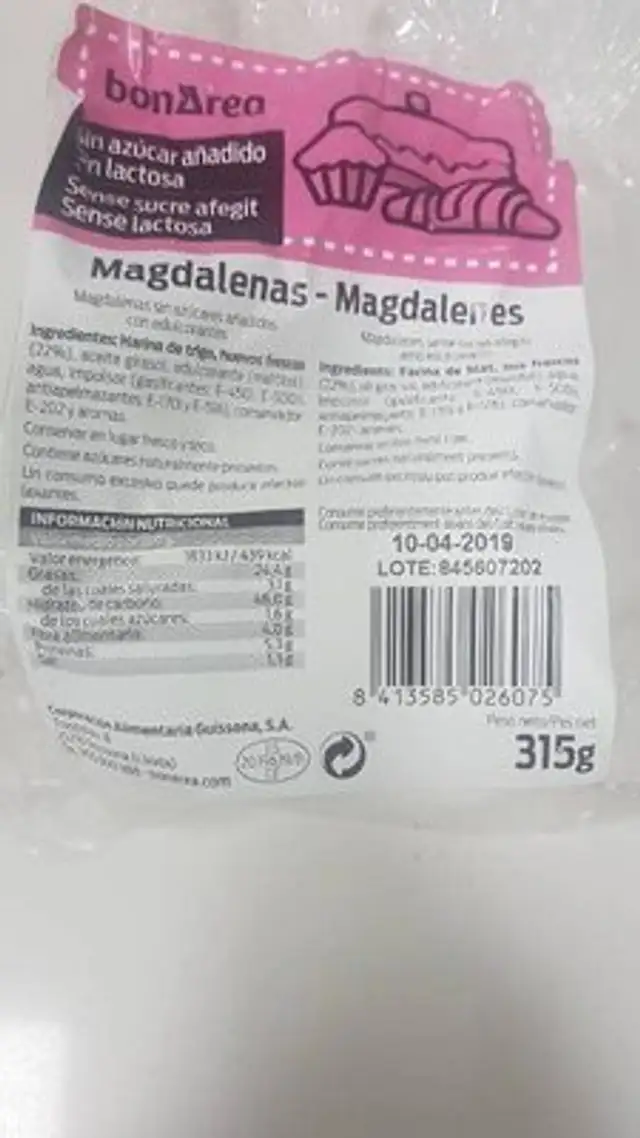 Magdalenas sin lactosa front packaging