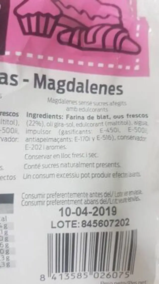 Magdalenas sin lactosa ingredients label