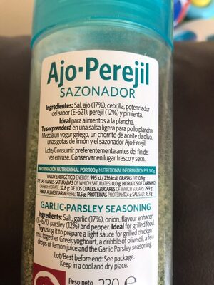 Sazonador ajo y perejil ingredients label