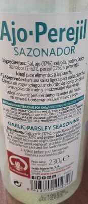 Sazonador ajo y perejil nutrition facts table