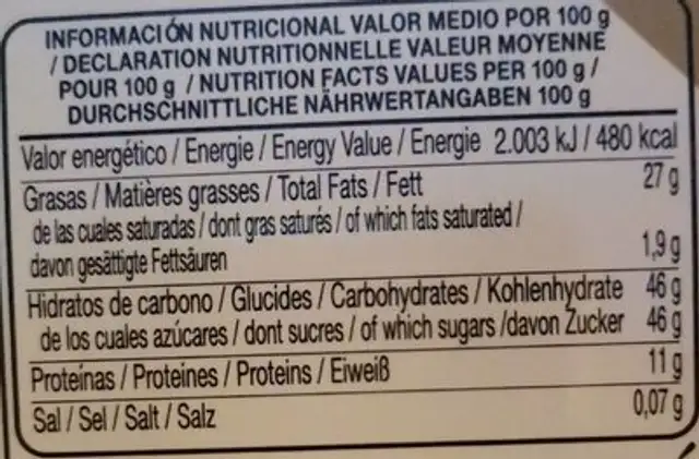 Turron de nata nueces nutrition facts table