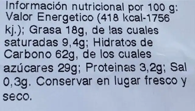 Lazo Blanco nutrition facts table